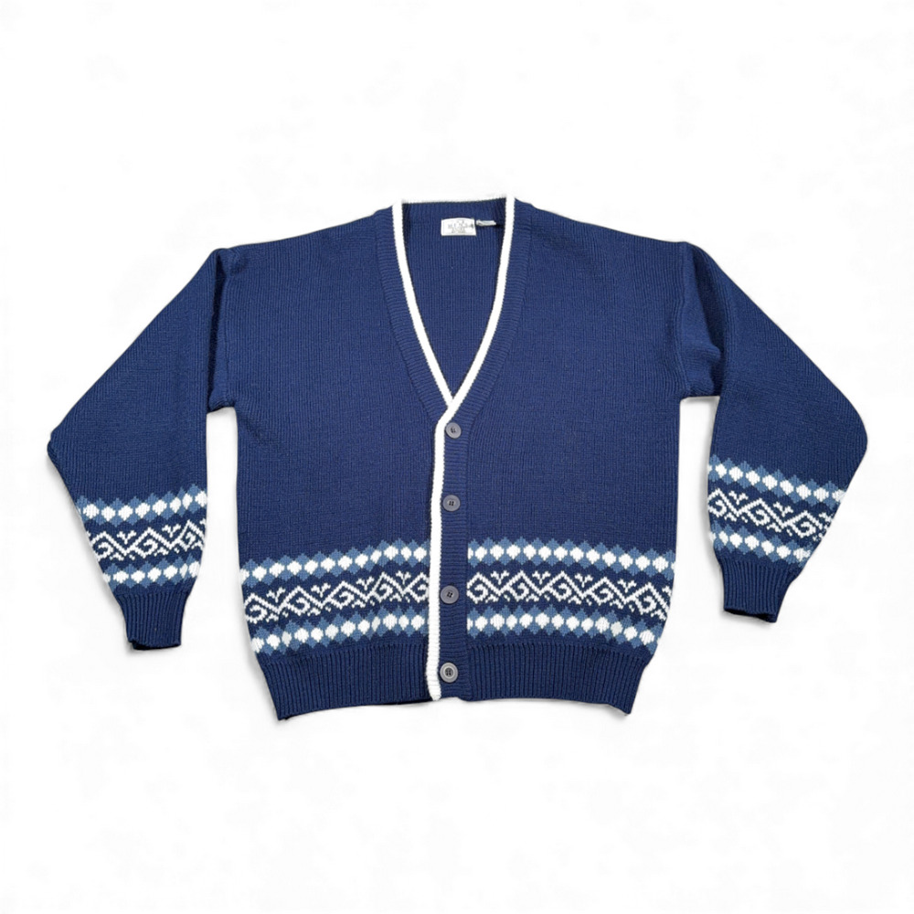 Vintage Sears Sweater Adult LARGE Blue Fair Isle Cardigan Mens Store Grandpa 90s